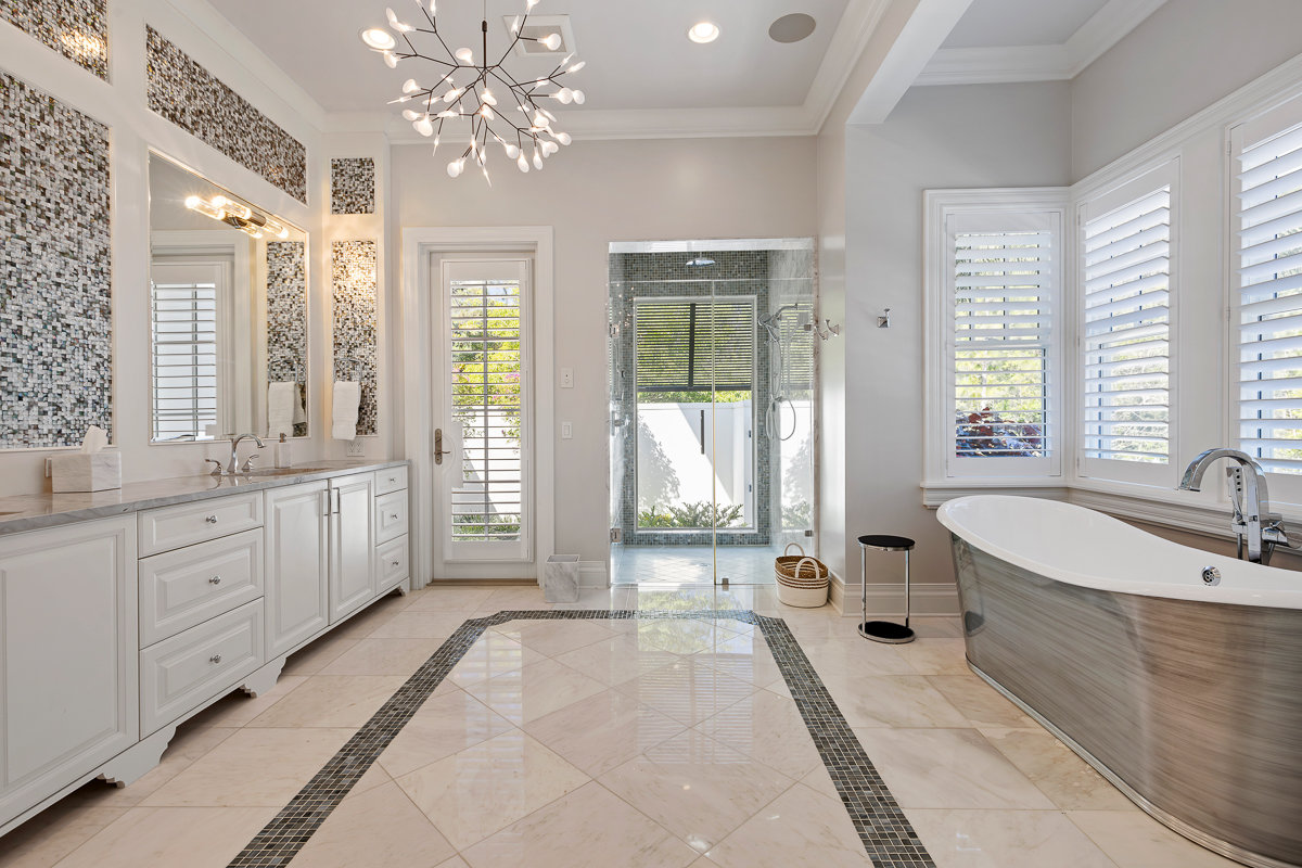 large bathroom with marble counters